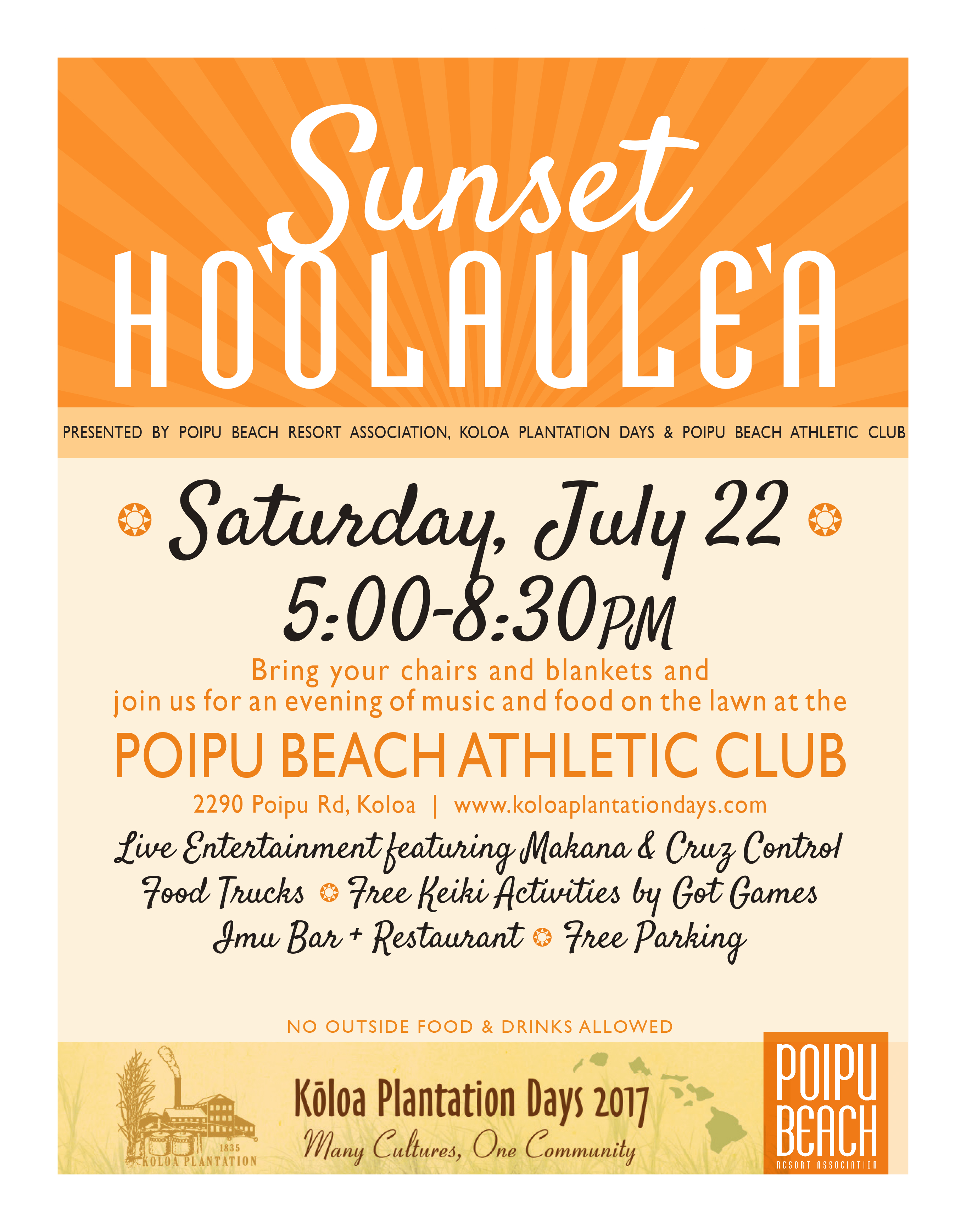 2017 Sunset Ho'olaulea - Saturday, July 22, 5p-8p - Poipu Beach Athletic Club